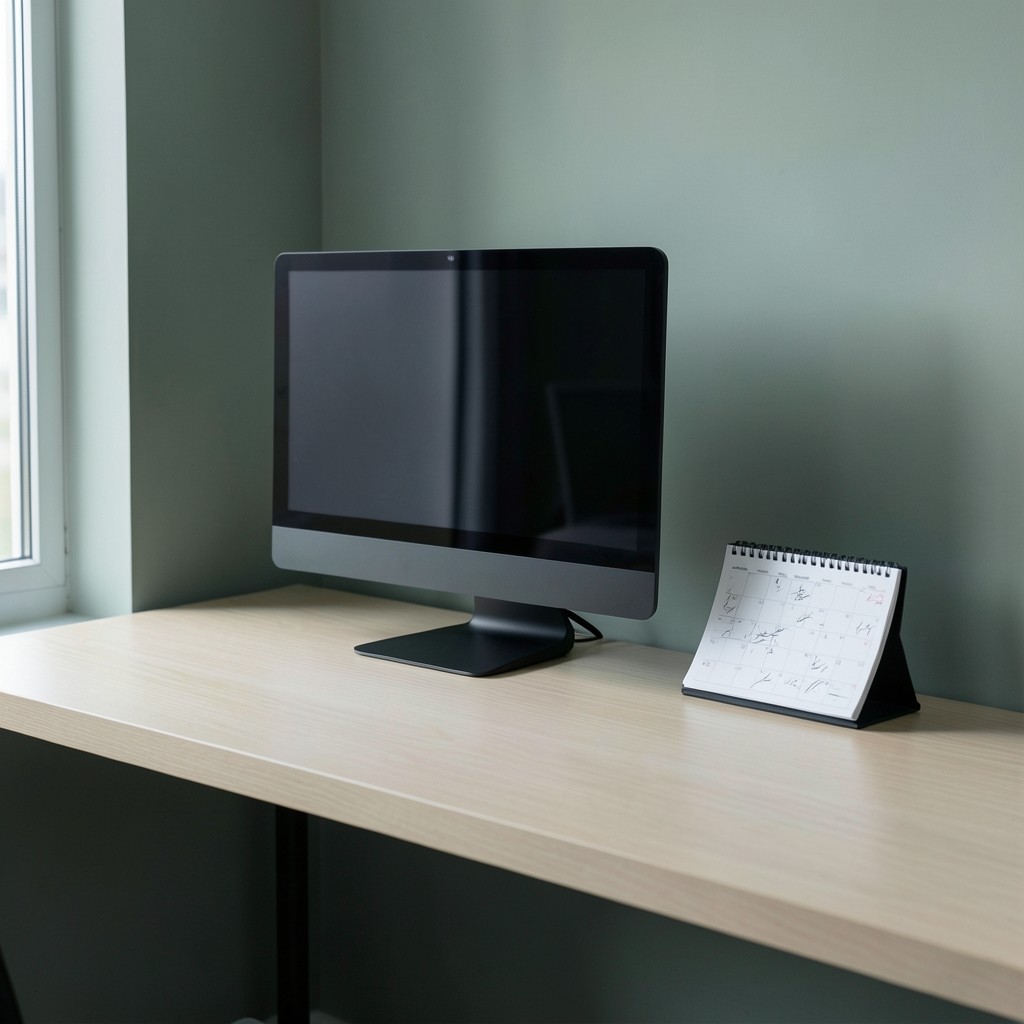 Office calendar marked near month end beside a desktop computer