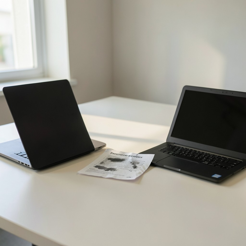 Printed patch priority list next to two business laptops