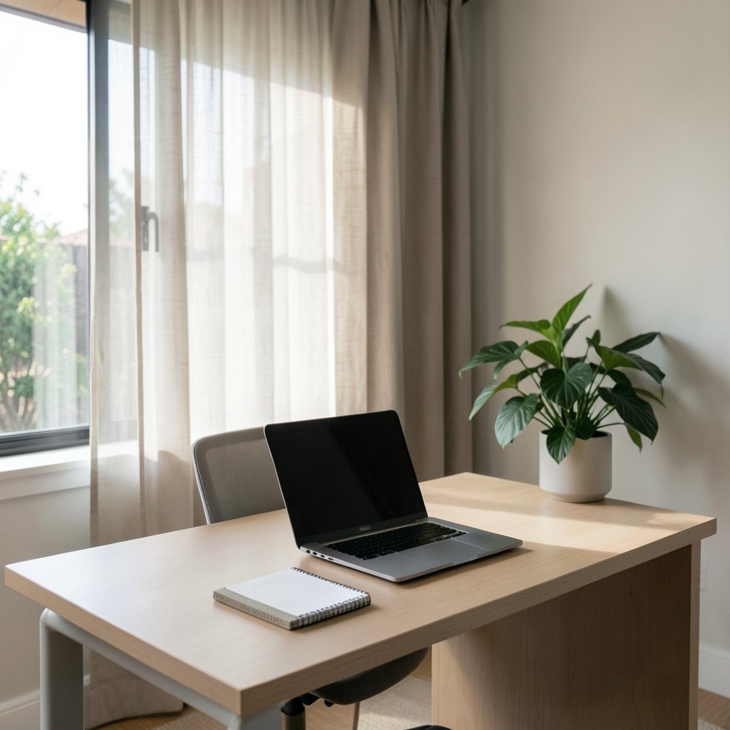 Home desk with laptop, notebook, and soft daylight through a window