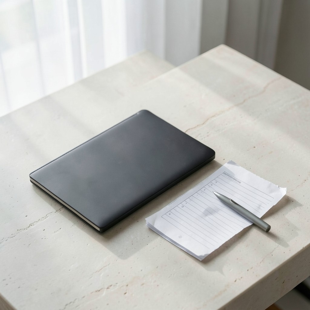 Checklist and stylus on a desk with a closed notebook computer