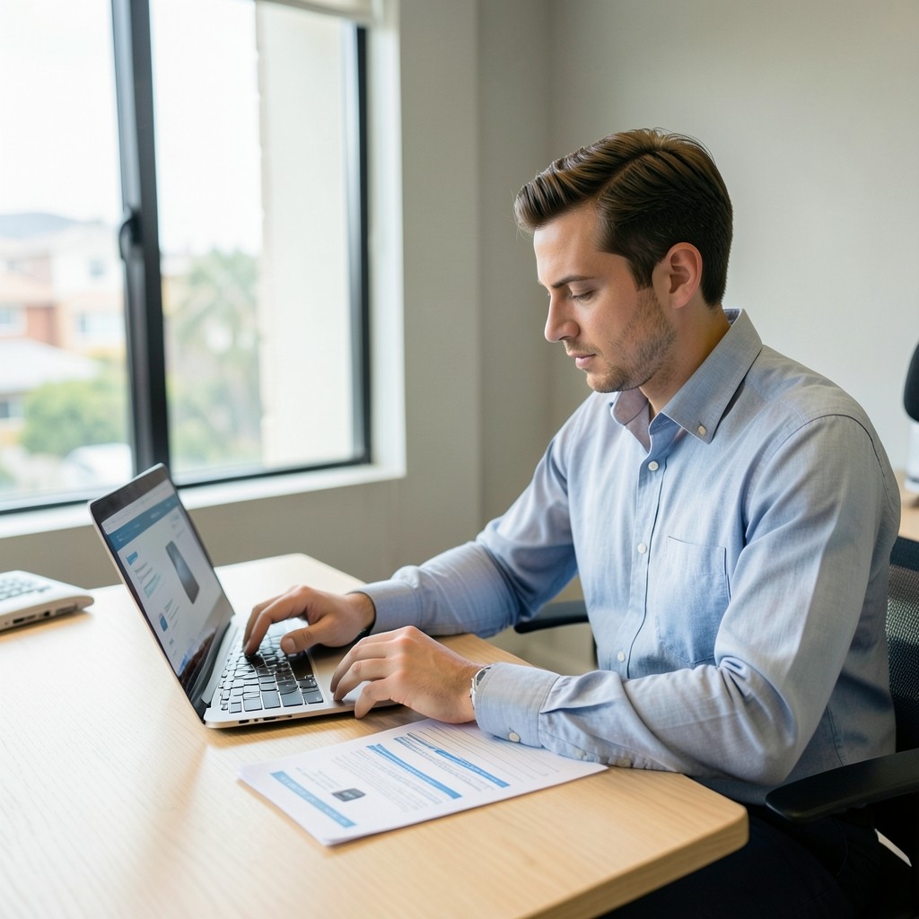 Consultant reviewing business laptop update reports in a bright Cape Town office