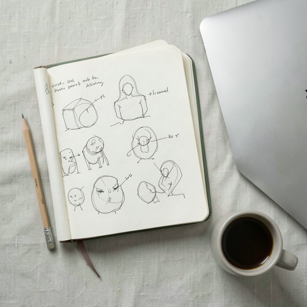 Notebook outline of a patch review process beside a laptop in soft daylight