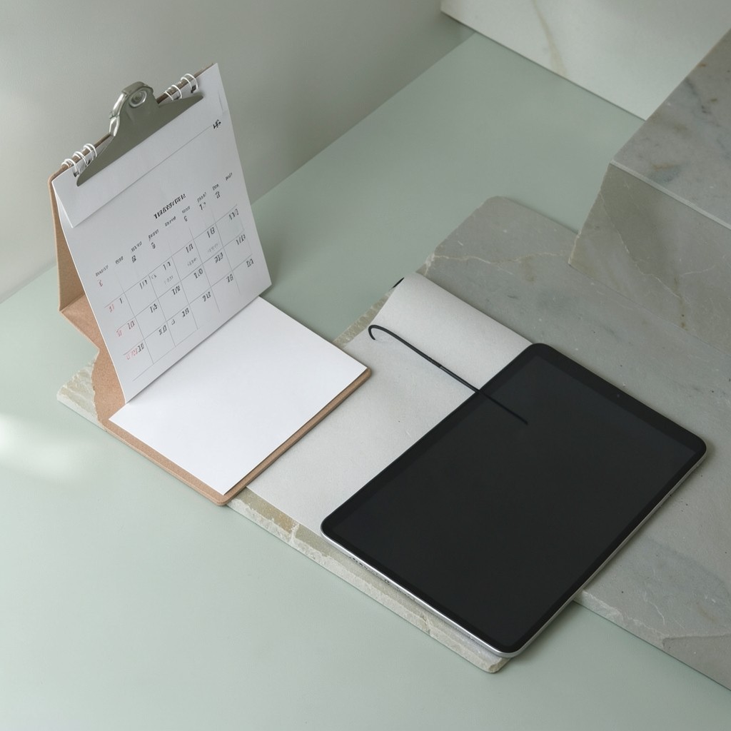 Calendar and device checklist on a clean office table