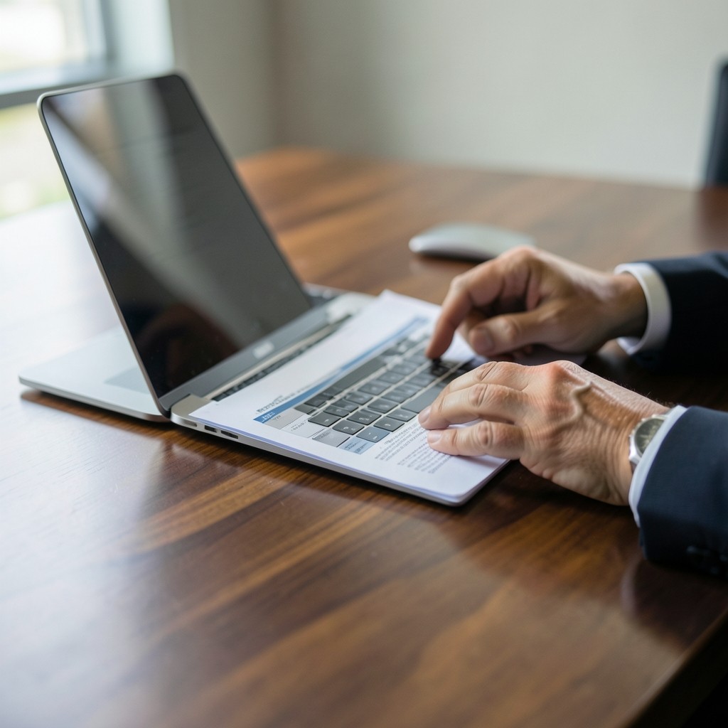 Consultant reviewing laptop patch status reports at a wooden desk