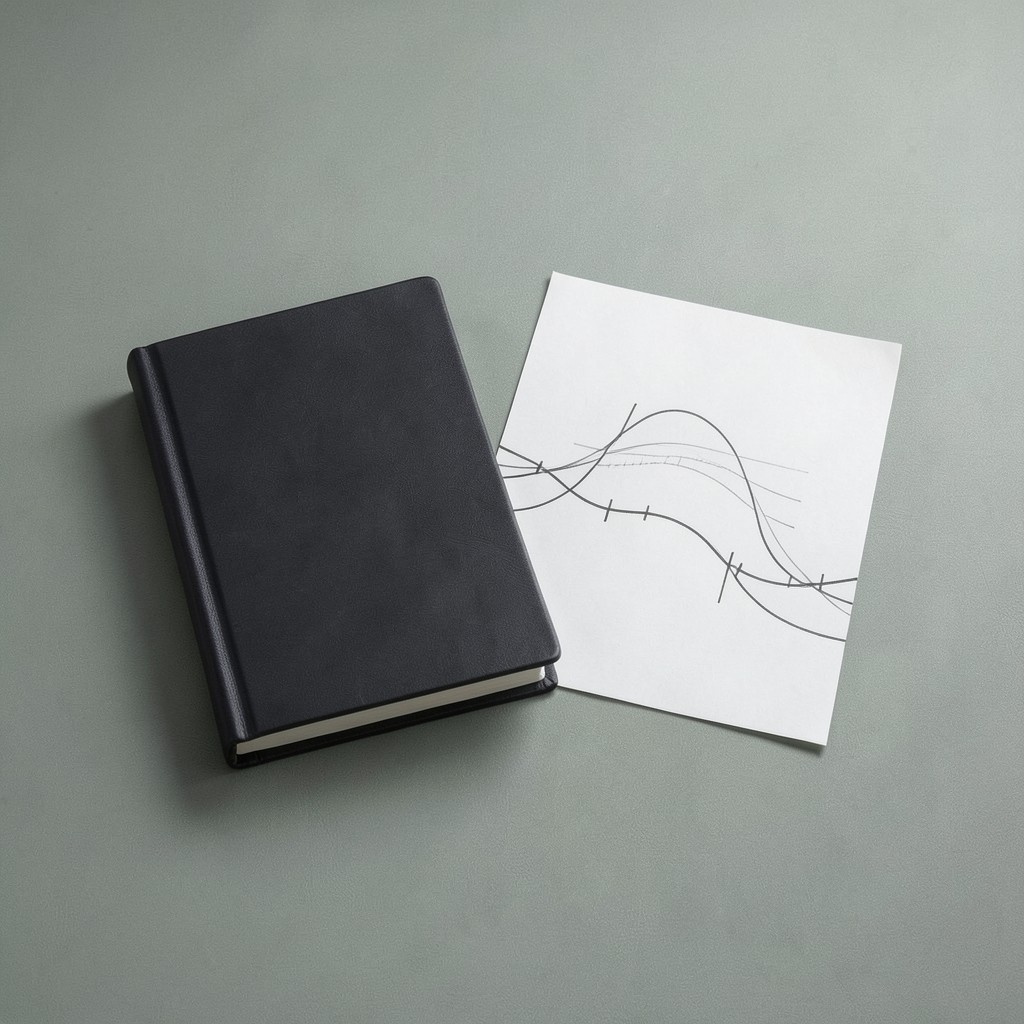 Timeline chart sketch beside a secured business notebook